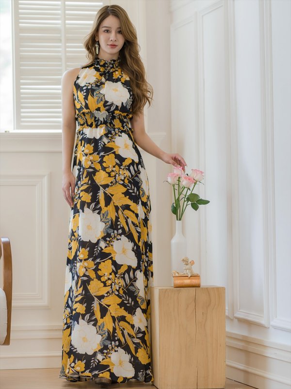 画像11: [送料無料][GINZA COUTURE]ブラック×レッド・ブラック×イエロー・花柄・プリント・ジョーゼット・首元フリル・ウエストマーク・アメリカンスリーブ・マキシ・Aライン・ロングドレス[即日発送][大きいサイズあり] (11)