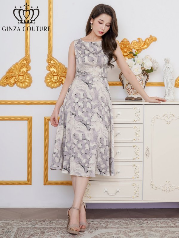 画像5: [送料無料][GINZA COUTURE]グレー・イエロー・プリント・サテン・ノースリーブ・切替・Aライン・ミディアムドレス・ワンピース[即日発送][大きいサイズあり] (5)