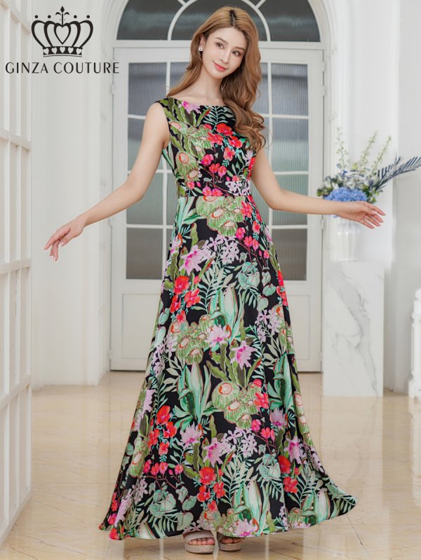 画像2: [送料無料][GINZA COUTURE]グリーン×レッド・プリント・リゾート柄・花柄・サテン・切替・ノースリーブ・ハイウエスト・Aライン・ロングドレス[即日発送][大きいサイズあり] (2)