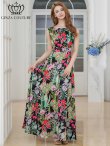 画像5: [送料無料][GINZA COUTURE]グリーン×レッド・プリント・リゾート柄・花柄・サテン・切替・ノースリーブ・ハイウエスト・Aライン・ロングドレス[即日発送][大きいサイズあり] (5)