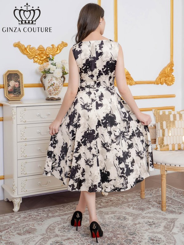 画像9: [送料無料][GINZA COUTURE]ホワイト×レッド・ホワイト×ブラック・花柄・プリント・サテン・ノースリーブ・切替・Aライン・ミディアムドレス・ワンピース[即日発送][大きいサイズあり] (9)