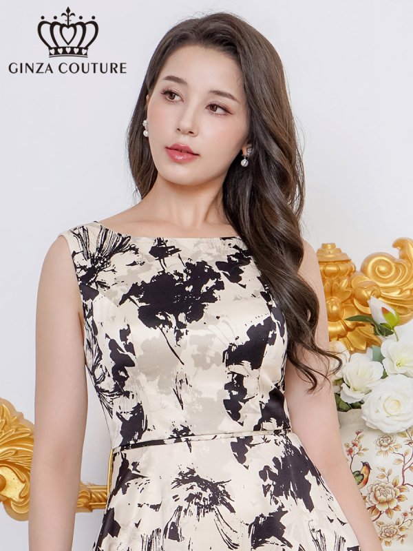 画像10: [送料無料][GINZA COUTURE]ホワイト×レッド・ホワイト×ブラック・花柄・プリント・サテン・ノースリーブ・切替・Aライン・ミディアムドレス・ワンピース[即日発送][大きいサイズあり] (10)