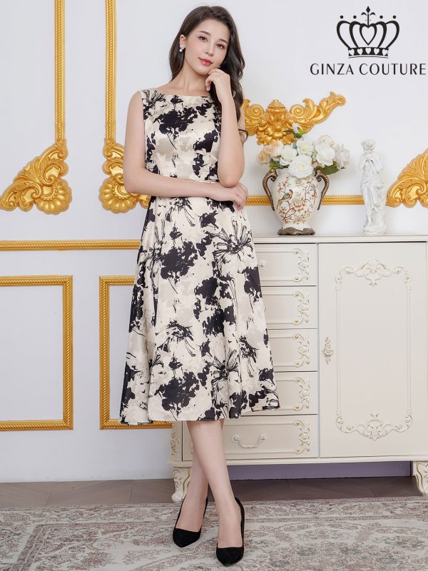 画像11: [送料無料][GINZA COUTURE]ホワイト×レッド・ホワイト×ブラック・花柄・プリント・サテン・ノースリーブ・切替・Aライン・ミディアムドレス・ワンピース[即日発送][大きいサイズあり] (11)
