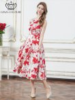 画像2: [送料無料][GINZA COUTURE]ホワイト×レッド・ホワイト×ブラック・花柄・プリント・サテン・ノースリーブ・切替・Aライン・ミディアムドレス・ワンピース[即日発送][大きいサイズあり] (2)
