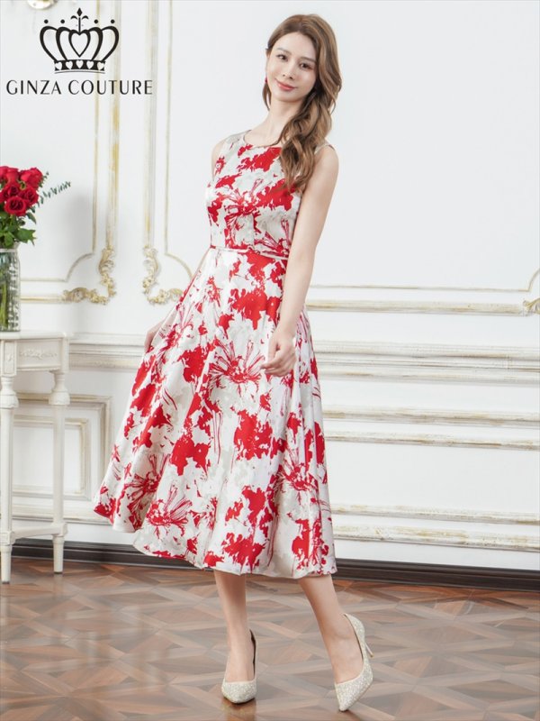 画像2: [送料無料][GINZA COUTURE]ホワイト×レッド・ホワイト×ブラック・花柄・プリント・サテン・ノースリーブ・切替・Aライン・ミディアムドレス・ワンピース[即日発送][大きいサイズあり] (2)