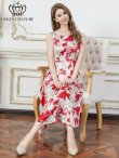 画像6: [送料無料][GINZA COUTURE]ホワイト×レッド・ホワイト×ブラック・花柄・プリント・サテン・ノースリーブ・切替・Aライン・ミディアムドレス・ワンピース[即日発送][大きいサイズあり] (6)