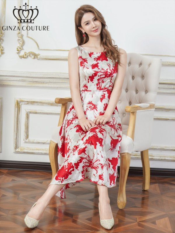 画像6: [送料無料][GINZA COUTURE]ホワイト×レッド・ホワイト×ブラック・花柄・プリント・サテン・ノースリーブ・切替・Aライン・ミディアムドレス・ワンピース[即日発送][大きいサイズあり] (6)