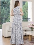 画像9: [送料無料][GINZA COUTURE]ホワイト×ピンク・ホワイト×ブルー・花柄・プリント・サテン・首元フリル・ウエストマーク・マキシ・アメリカンスリーブ・Aライン・ロングドレス[即日発送][大きいサイズあり] (9)