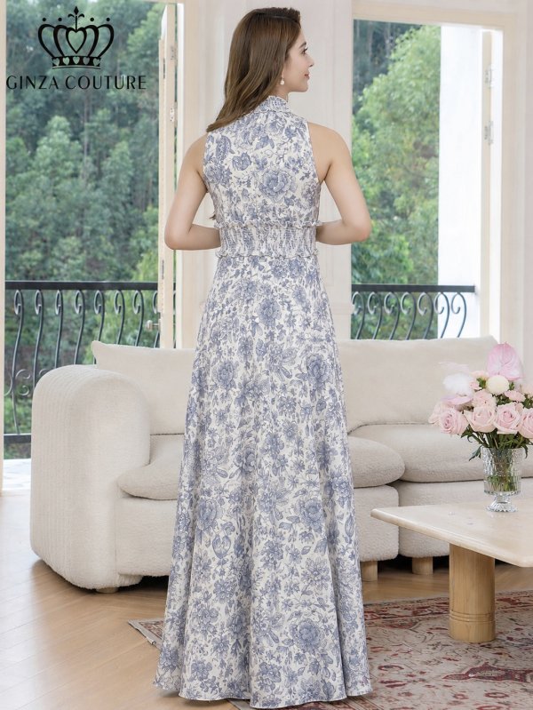 画像9: [送料無料][GINZA COUTURE]ホワイト×ピンク・ホワイト×ブルー・花柄・プリント・サテン・首元フリル・ウエストマーク・マキシ・アメリカンスリーブ・Aライン・ロングドレス[即日発送][大きいサイズあり] (9)