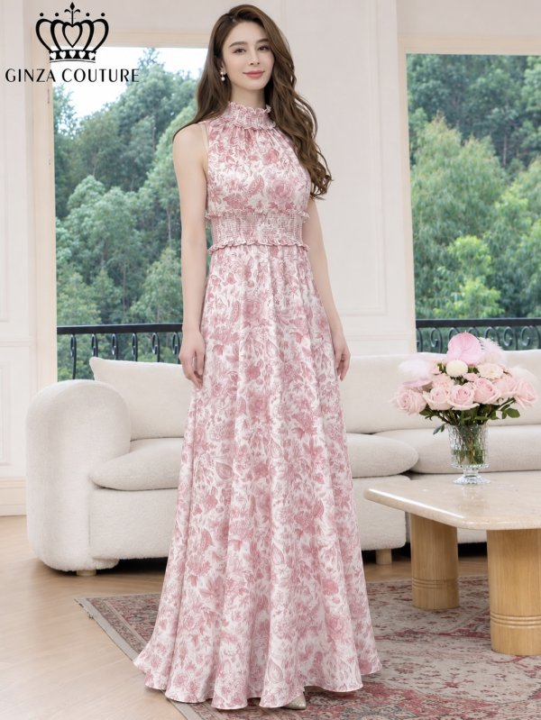 画像2: [送料無料][GINZA COUTURE]ホワイト×ピンク・ホワイト×ブルー・花柄・プリント・サテン・首元フリル・ウエストマーク・マキシ・アメリカンスリーブ・Aライン・ロングドレス[即日発送][大きいサイズあり] (2)