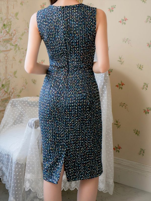 画像3: [送料無料][GINZA COUTURE]ブラック・ホワイト・ピンク・スパンコールMIX・ツイード・シンプル・ノースリーブ・タイト・ミディアムドレス・ワンピース[即日発送][大きいサイズあり] (3)