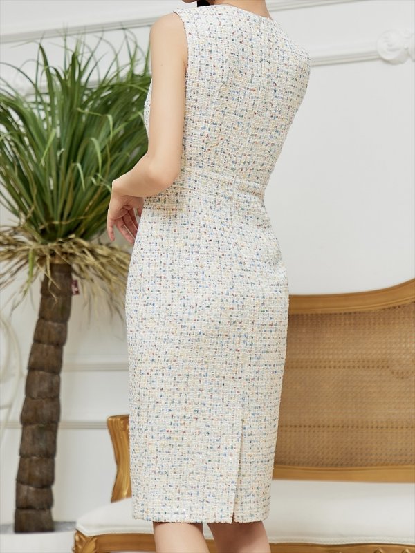 画像9: [送料無料][GINZA COUTURE]ブラック・ホワイト・ピンク・スパンコールMIX・ツイード・シンプル・ノースリーブ・タイト・ミディアムドレス・ワンピース[即日発送][大きいサイズあり] (9)