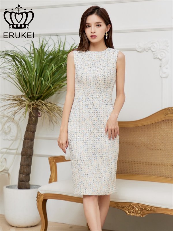 画像10: [送料無料][GINZA COUTURE]ブラック・ホワイト・ピンク・スパンコールMIX・ツイード・シンプル・ノースリーブ・タイト・ミディアムドレス・ワンピース[即日発送][大きいサイズあり] (10)