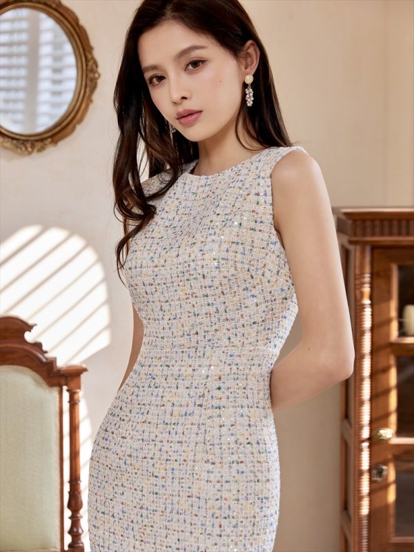 画像11: [送料無料][GINZA COUTURE]ブラック・ホワイト・ピンク・スパンコールMIX・ツイード・シンプル・ノースリーブ・タイト・ミディアムドレス・ワンピース[即日発送][大きいサイズあり] (11)