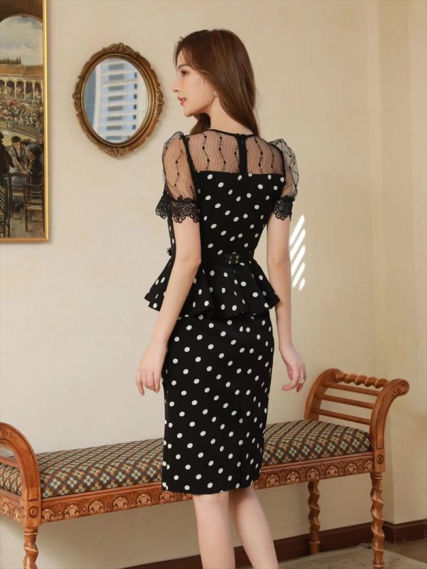 画像3: [送料無料][ERUKEI]ブラック・ホワイト・ドット・プリント・半袖・デコルテレース・ペプラム・ベルト付き・ミディアムドレス・ワンピース[即日発送][大きいサイズあり] (3)