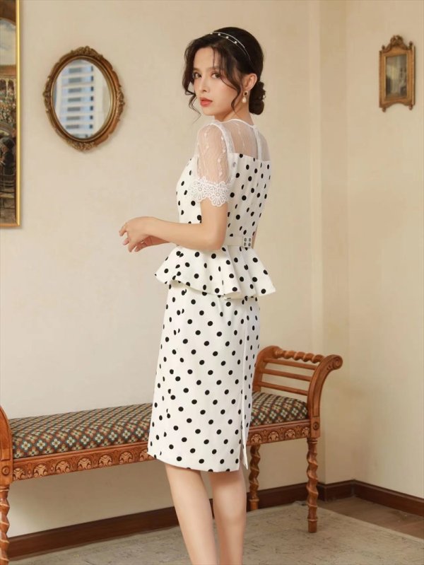 画像9: [送料無料][ERUKEI]ブラック・ホワイト・ドット・プリント・半袖・デコルテレース・ペプラム・ベルト付き・ミディアムドレス・ワンピース[即日発送][大きいサイズあり] (9)