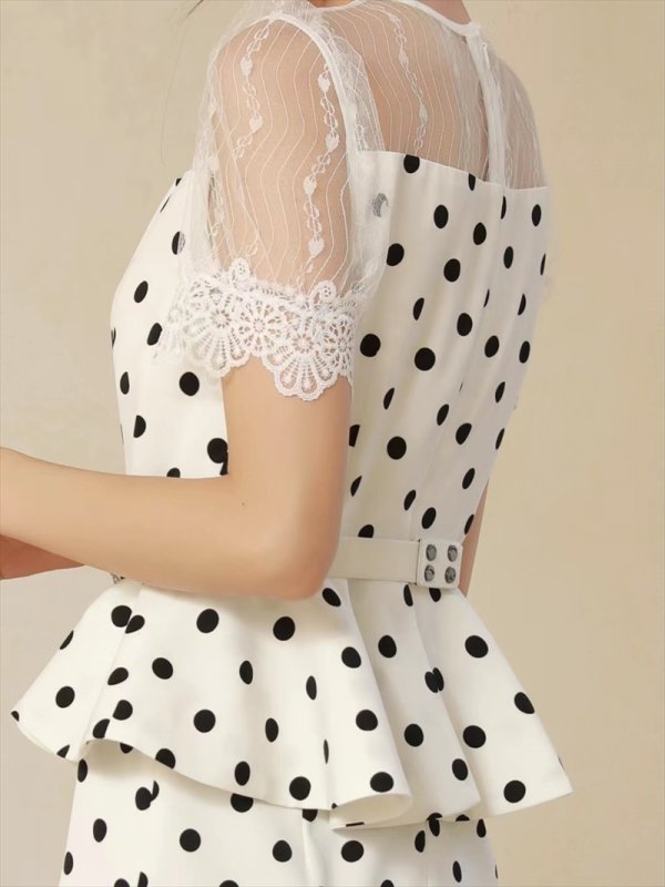 画像11: [送料無料][ERUKEI]ブラック・ホワイト・ドット・プリント・半袖・デコルテレース・ペプラム・ベルト付き・ミディアムドレス・ワンピース[即日発送][大きいサイズあり] (11)