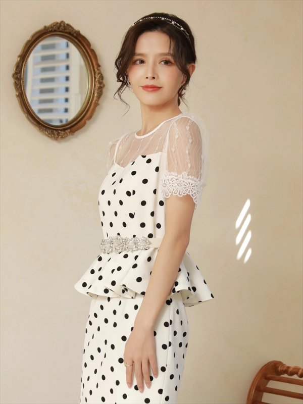 画像12: [送料無料][ERUKEI]ブラック・ホワイト・ドット・プリント・半袖・デコルテレース・ペプラム・ベルト付き・ミディアムドレス・ワンピース[即日発送][大きいサイズあり] (12)