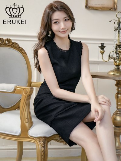 画像1: [送料無料][ERUKEI]ブラック・レッド・ピンク・ベージュ・ホワイト・イエロー・グリーン・ブルー・ツイード・タイト・膝丈・ミディアムドレス・ワンピース[即日発送][大きいサイズあり]