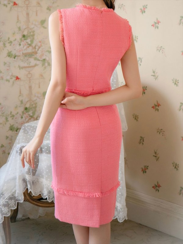 画像3: [送料無料][ERUKEI]ピンク・ブラック・レッド・ベージュ・ホワイト・イエロー・グリーン・ブルー・ツイード・タイト・膝丈・ミディアムドレス・ワンピース[即日発送][大きいサイズあり] (3)