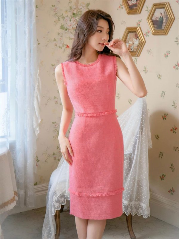 画像4: [送料無料][ERUKEI]ピンク・ブラック・レッド・ベージュ・ホワイト・イエロー・グリーン・ブルー・ツイード・タイト・膝丈・ミディアムドレス・ワンピース[即日発送][大きいサイズあり] (4)