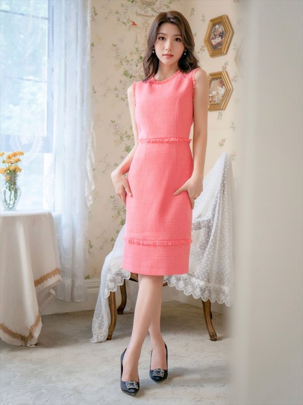 画像5: [送料無料][ERUKEI]ピンク・ブラック・レッド・ベージュ・ホワイト・イエロー・グリーン・ブルー・ツイード・タイト・膝丈・ミディアムドレス・ワンピース[即日発送][大きいサイズあり] (5)