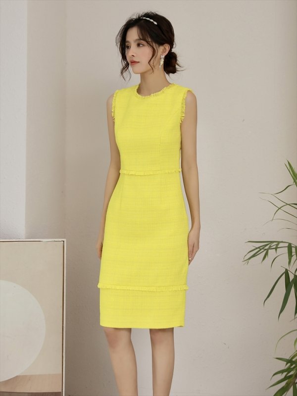 画像4: [送料無料][ERUKEI]イエロー・グリーン・ブラック・ピンク・ベージュ・ホワイト・レッド・ブルー・ツイード・タイト・膝丈・ミディアムドレス・ワンピース[即日発送][大きいサイズあり] (4)