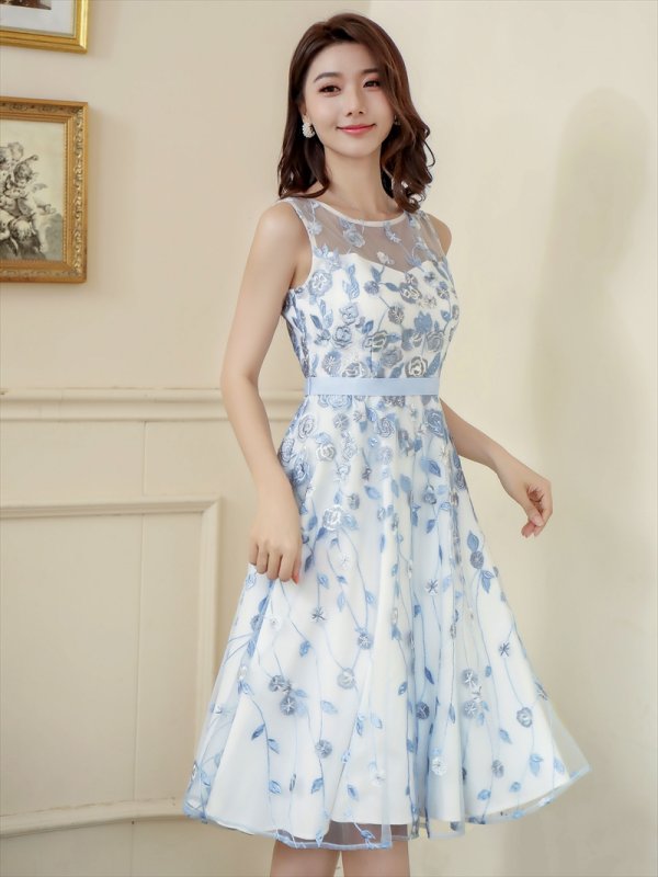 画像2: [送料無料][ERUKEI]ブルー・パープル・花柄・刺繍・ノースリーブ・Aライン・ミディアムドレス・ワンピース[即日発送][大きいサイズあり] (2)