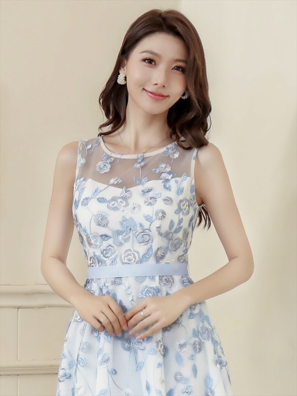 画像4: [送料無料][ERUKEI]ブルー・パープル・花柄・刺繍・ノースリーブ・Aライン・ミディアムドレス・ワンピース[即日発送][大きいサイズあり] (4)