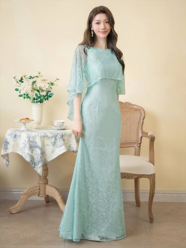 画像2: [送料無料][ERUKEI]グリーン・ワインレッド・ホワイト・ケープ風・総レース・金糸・ボートネック・Aライン・ロングドレス[即日発送][大きいサイズあり] (2)