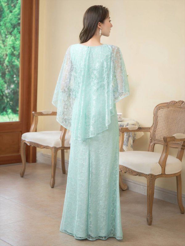 画像3: [送料無料][ERUKEI]グリーン・ワインレッド・ホワイト・ケープ風・総レース・金糸・ボートネック・Aライン・ロングドレス[即日発送][大きいサイズあり] (3)