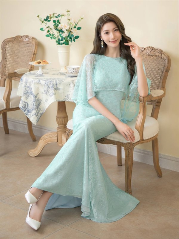 画像6: [送料無料][ERUKEI]グリーン・ワインレッド・ホワイト・ケープ風・総レース・金糸・ボートネック・Aライン・ロングドレス[即日発送][大きいサイズあり] (6)