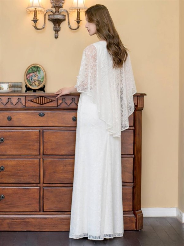 画像16: [送料無料][ERUKEI]グリーン・ワインレッド・ホワイト・ケープ風・総レース・金糸・ボートネック・Aライン・ロングドレス[即日発送][大きいサイズあり] (16)