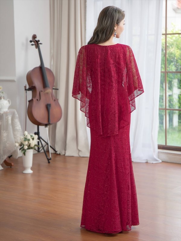 画像9: [送料無料][ERUKEI]グリーン・ワインレッド・ホワイト・ケープ風・総レース・金糸・ボートネック・Aライン・ロングドレス[即日発送][大きいサイズあり] (9)