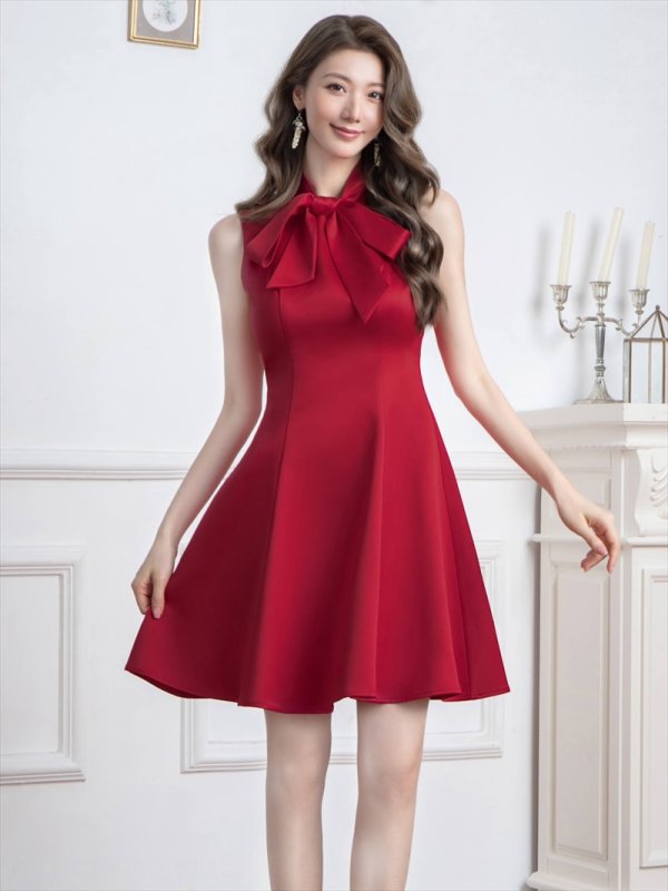 画像2: [送料無料][ERUKEI]ワインレッド・ネイビー・ホワイト・アイボリー・グレー・ピンク・ディープピンク・プチハイネック・シンプル・リボン・Aライン・ミニドレス・ワンピース[即日発送][大きいサイズあり] (2)