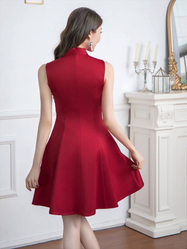 画像15: [送料無料][ERUKEI]ネイビー・ホワイト・アイボリー・ワインレッド・グレー・ピンク・ディープピンク・プチハイネック・シンプル・リボン・Aライン・ミニドレス・ワンピース[即日発送][大きいサイズあり] (15)