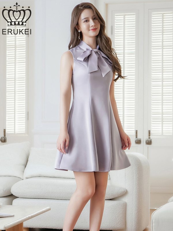 画像2: [送料無料][ERUKEI]グレー・ピンク・アイボリー・ワインレッド・ネイビー・ホワイト・ディープピンク・プチハイネック・シンプル・リボン・Aライン・ミニドレス・ワンピース[即日発送][大きいサイズあり] (2)