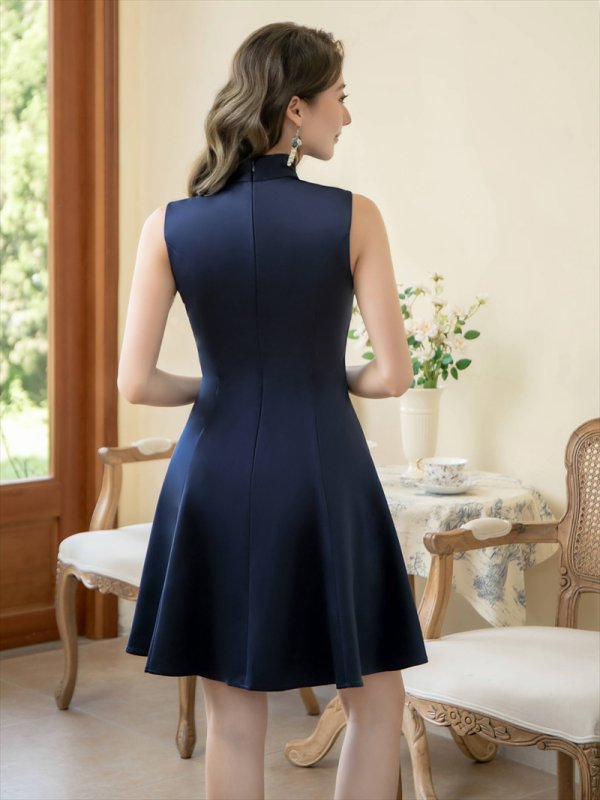 画像15: [送料無料][ERUKEI]ホワイト・アイボリー・ワインレッド・ネイビー・グレー・ピンク・ディープピンク・プチハイネック・シンプル・リボン・Aライン・ミニドレス・ワンピース[即日発送][大きいサイズあり] (15)