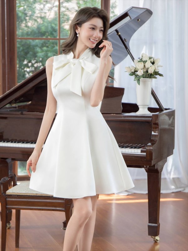 画像2: [送料無料][ERUKEI]ホワイト・アイボリー・ワインレッド・ネイビー・グレー・ピンク・ディープピンク・プチハイネック・シンプル・リボン・Aライン・ミニドレス・ワンピース[即日発送][大きいサイズあり] (2)