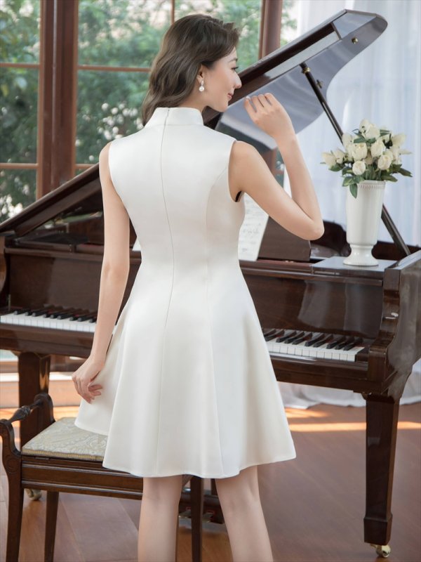 画像3: [送料無料][ERUKEI]ホワイト・アイボリー・ワインレッド・ネイビー・グレー・ピンク・ディープピンク・プチハイネック・シンプル・リボン・Aライン・ミニドレス・ワンピース[即日発送][大きいサイズあり] (3)