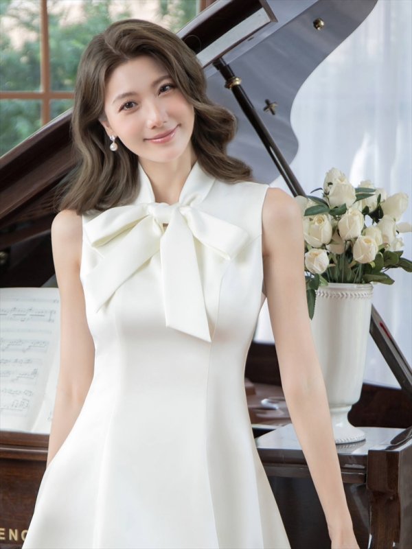 画像4: [送料無料][ERUKEI]ホワイト・アイボリー・ワインレッド・ネイビー・グレー・ピンク・ディープピンク・プチハイネック・シンプル・リボン・Aライン・ミニドレス・ワンピース[即日発送][大きいサイズあり] (4)