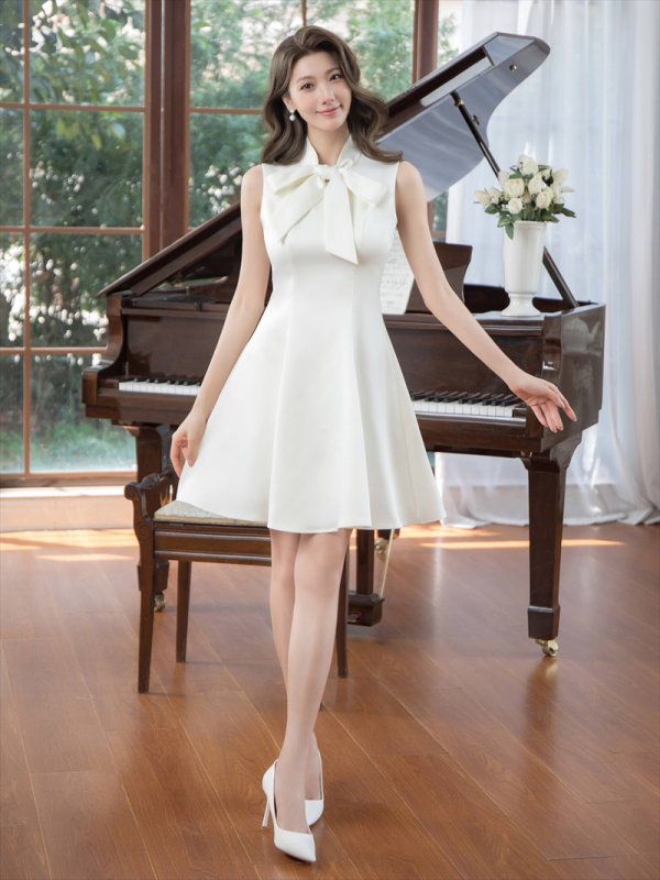 画像19: [送料無料][ERUKEI]グレー・ピンク・アイボリー・ワインレッド・ネイビー・ホワイト・ディープピンク・プチハイネック・シンプル・リボン・Aライン・ミニドレス・ワンピース[即日発送][大きいサイズあり] (19)