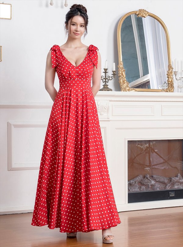 画像8: [送料無料][ERUKEI]ホワイト・レッド・ドット・Vネック・ノースリーブ・肩リボン・Aライン・ロングドレス[即日発送][大きいサイズあり] (8)