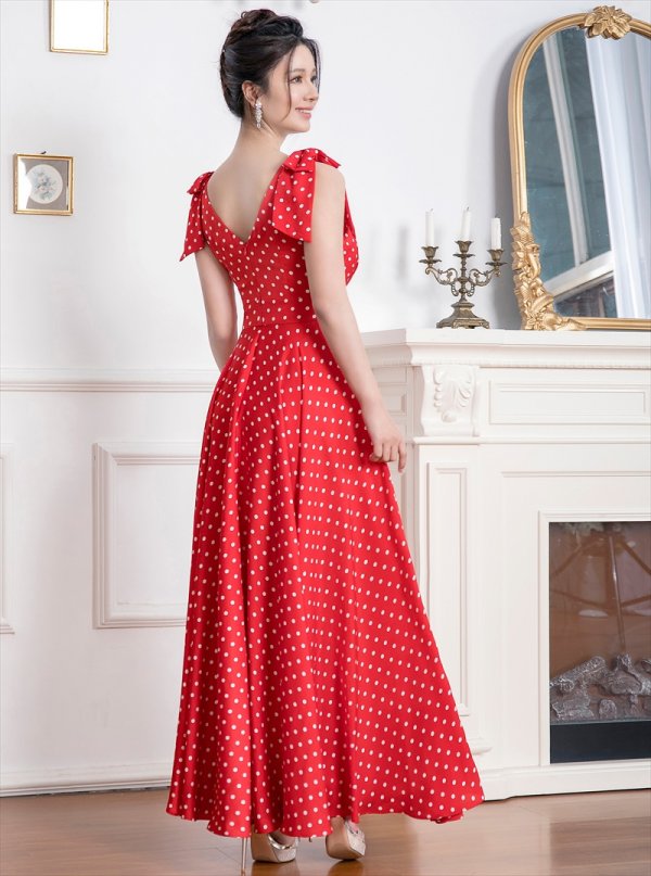 画像10: [送料無料][ERUKEI]ホワイト・レッド・ドット・Vネック・ノースリーブ・肩リボン・Aライン・ロングドレス[即日発送][大きいサイズあり] (10)