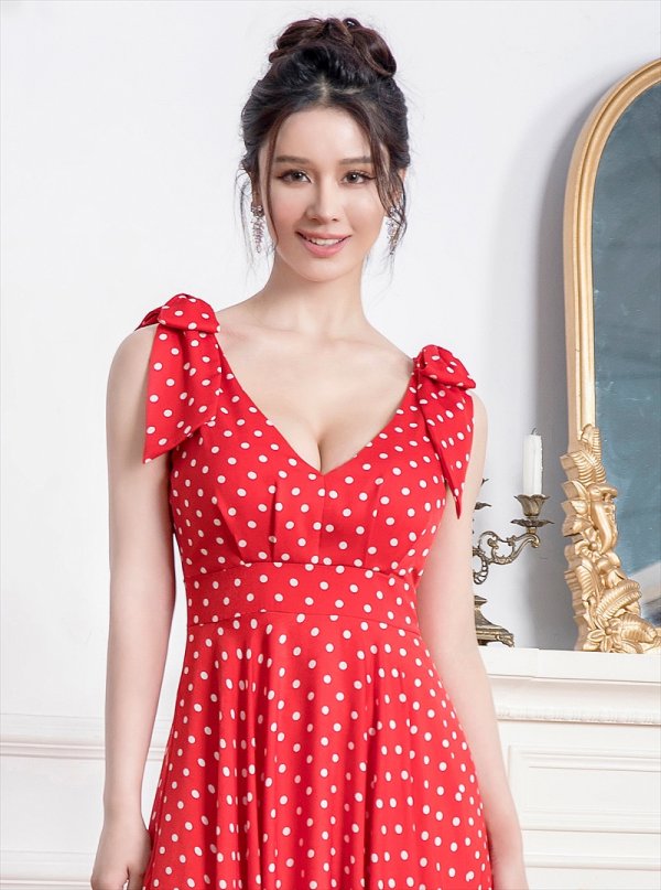 画像11: [送料無料][ERUKEI]ホワイト・レッド・ドット・Vネック・ノースリーブ・肩リボン・Aライン・ロングドレス[即日発送][大きいサイズあり] (11)