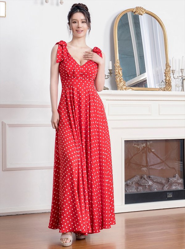 画像12: [送料無料][ERUKEI]ホワイト・レッド・ドット・Vネック・ノースリーブ・肩リボン・Aライン・ロングドレス[即日発送][大きいサイズあり] (12)