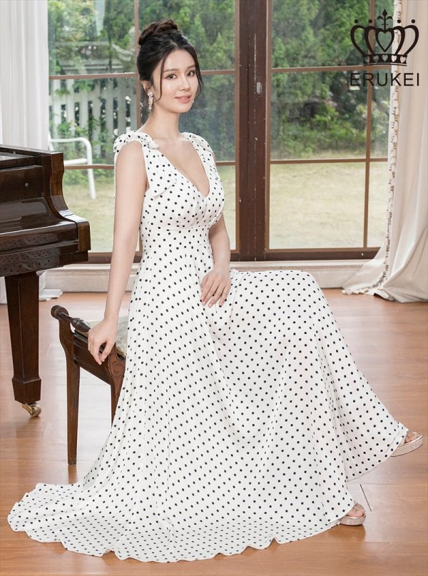 画像6: [送料無料][ERUKEI]ホワイト・レッド・ドット・Vネック・ノースリーブ・肩リボン・Aライン・ロングドレス[即日発送][大きいサイズあり] (6)