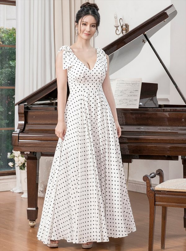画像2: [送料無料][ERUKEI]ホワイト・レッド・ドット・Vネック・ノースリーブ・肩リボン・Aライン・ロングドレス[即日発送][大きいサイズあり] (2)