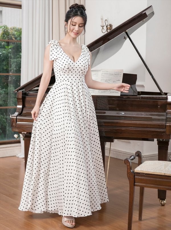 画像3: [送料無料][ERUKEI]ホワイト・レッド・ドット・Vネック・ノースリーブ・肩リボン・Aライン・ロングドレス[即日発送][大きいサイズあり] (3)