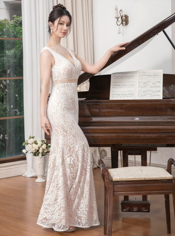 画像2: [送料無料][ERUKEI]ホワイト・総レース・Vネック・ウエストマーク・エレガント・マーメイドライン・ロングドレス[即日発送][大きいサイズあり] (2)